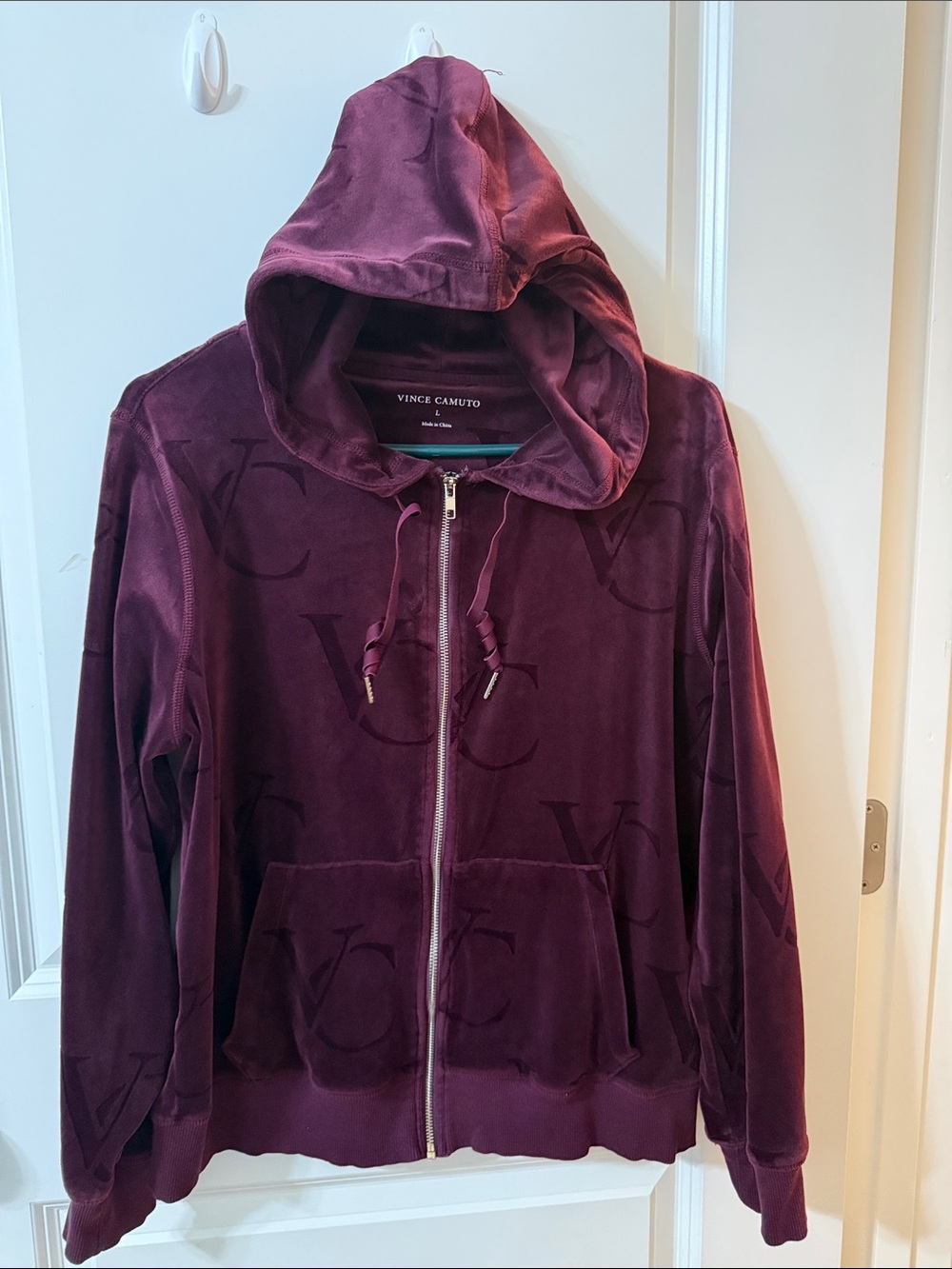 Vince Camuto Women's Burgundy Velour Hooded Zip Jacket